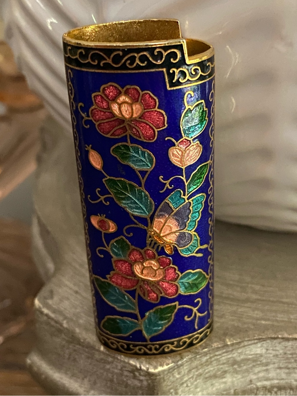 RARE Vintage Cloisonné Floral Enamel Lighter Cover Blue - Fits Standard Bics